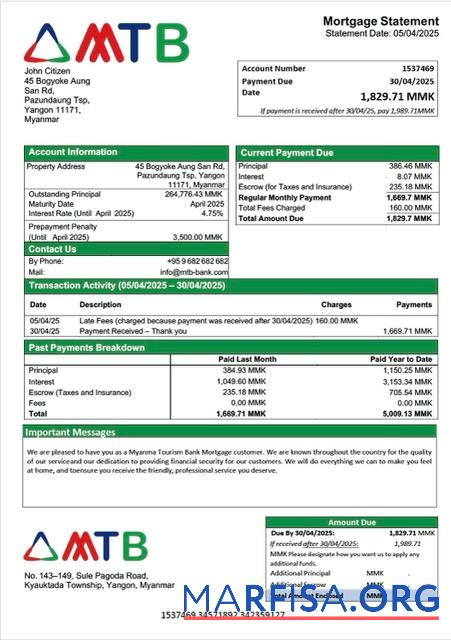 Blank Myanma Tourism Bank mortgage statement Word and PDF template